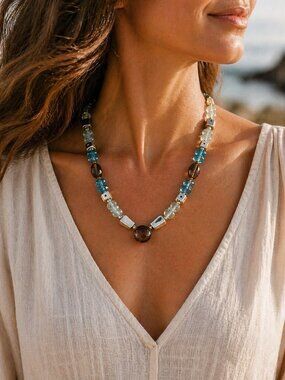 Signed AK 980 Silver Aquamarine Blue Topaz & Smoky Quartz Bead Necklace Vintage